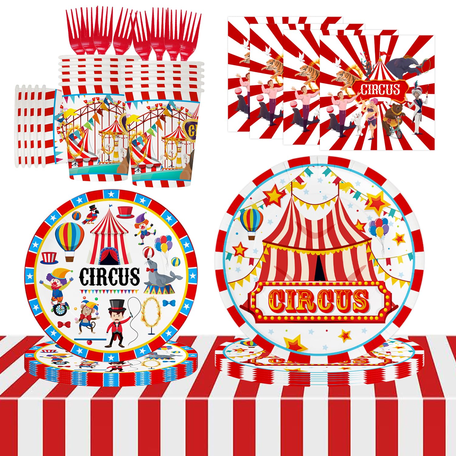 Photo 1 of 121Pcs Circus Party Supplies Carnival Theme Party Decorations Carnival Paper Plates Napkins Tablecloth Cups Forks Disposable Circus Tableware Set | Serve 24