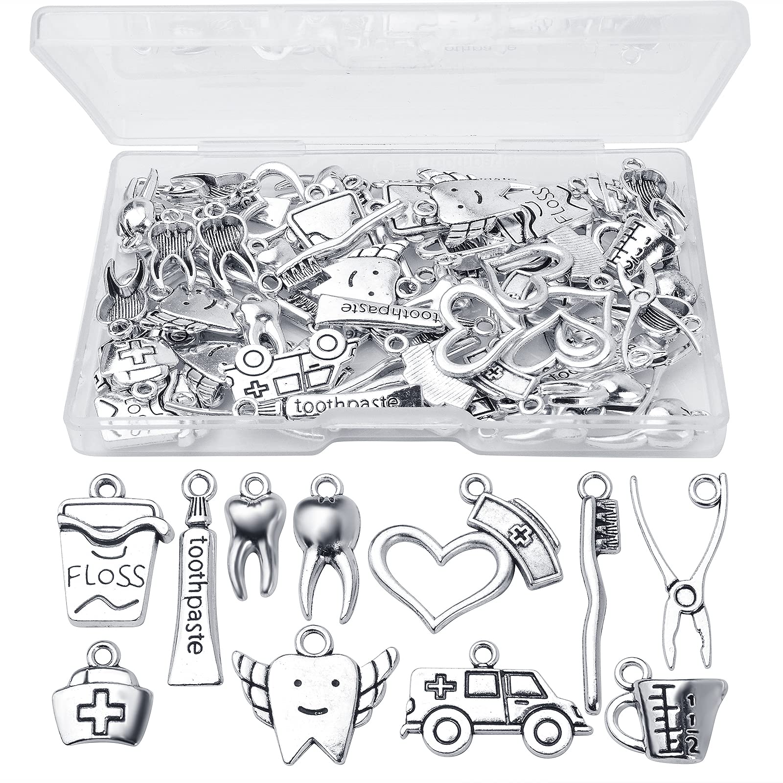 Photo 1 of  Antique Silver Healthy Tooth Teeth Charms Dentist Dental Hygienist Pendants with A Box Crafts Supplies for DIY Jewelry Necklace Bracelet Making