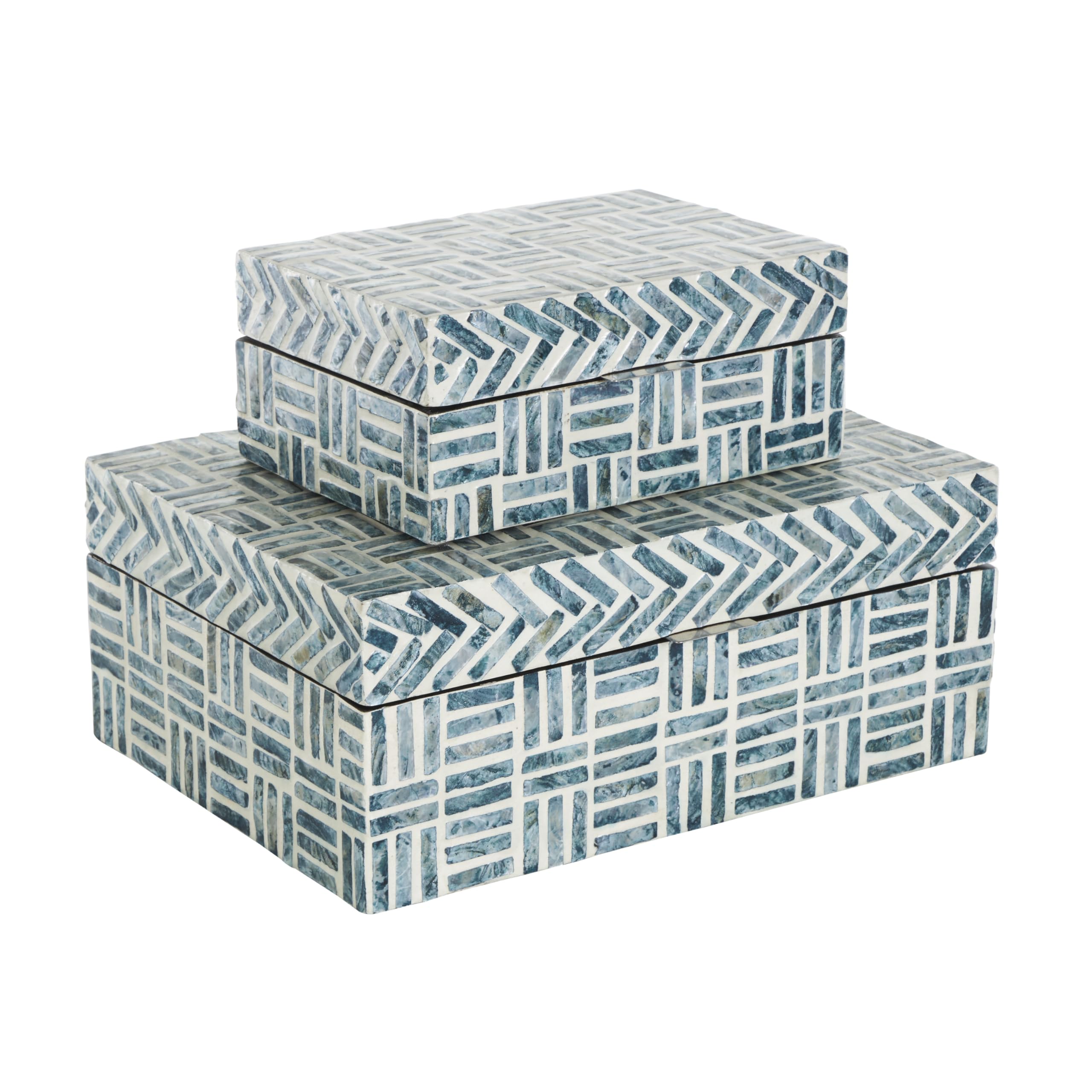 Photo 1 of Deco 79 Mother of Pearl Shell Geometric Handmade Decorative Box Mosaic Storage Decorative Keepsake Box with Cream Underlay, Set of 2 Storage Box 12", 8"W, Blue