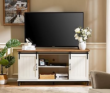 Amazon Com Wampat Farmhouse Sliding Double Barn Door Tv Stand For Tvs Up To 65 Inches Wood Metal Media Console Entertainment Centerwith Cabinet For Living Room White Wood Furniture Decor