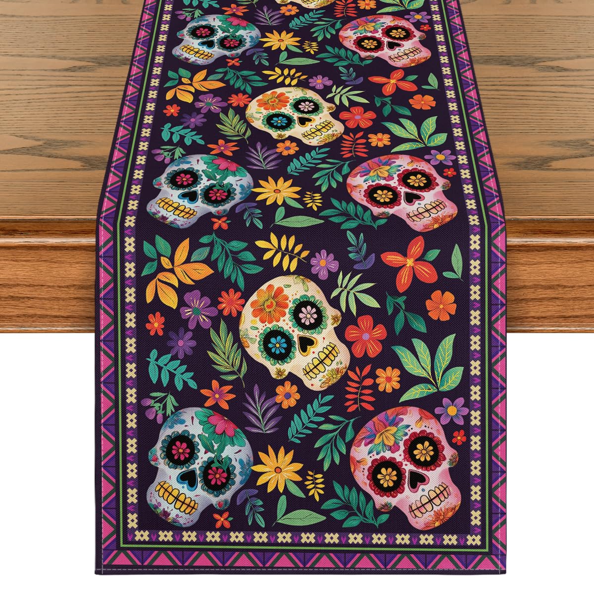 Photo 1 of Artoid Mode Mexican Sugar Skull Dia De Los Muertos Table Runner, Day of The Dead Altar Kitchen Dining Table Decoration for Home Party Decor 13x72 Inch