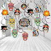 Day of The Dead Decorations Dia De Los Muertos Hanging Swirls Decor Sugar Skull Flowers Day of the Dead Decor for Birthday Mexican Party Supplies, Set of 50