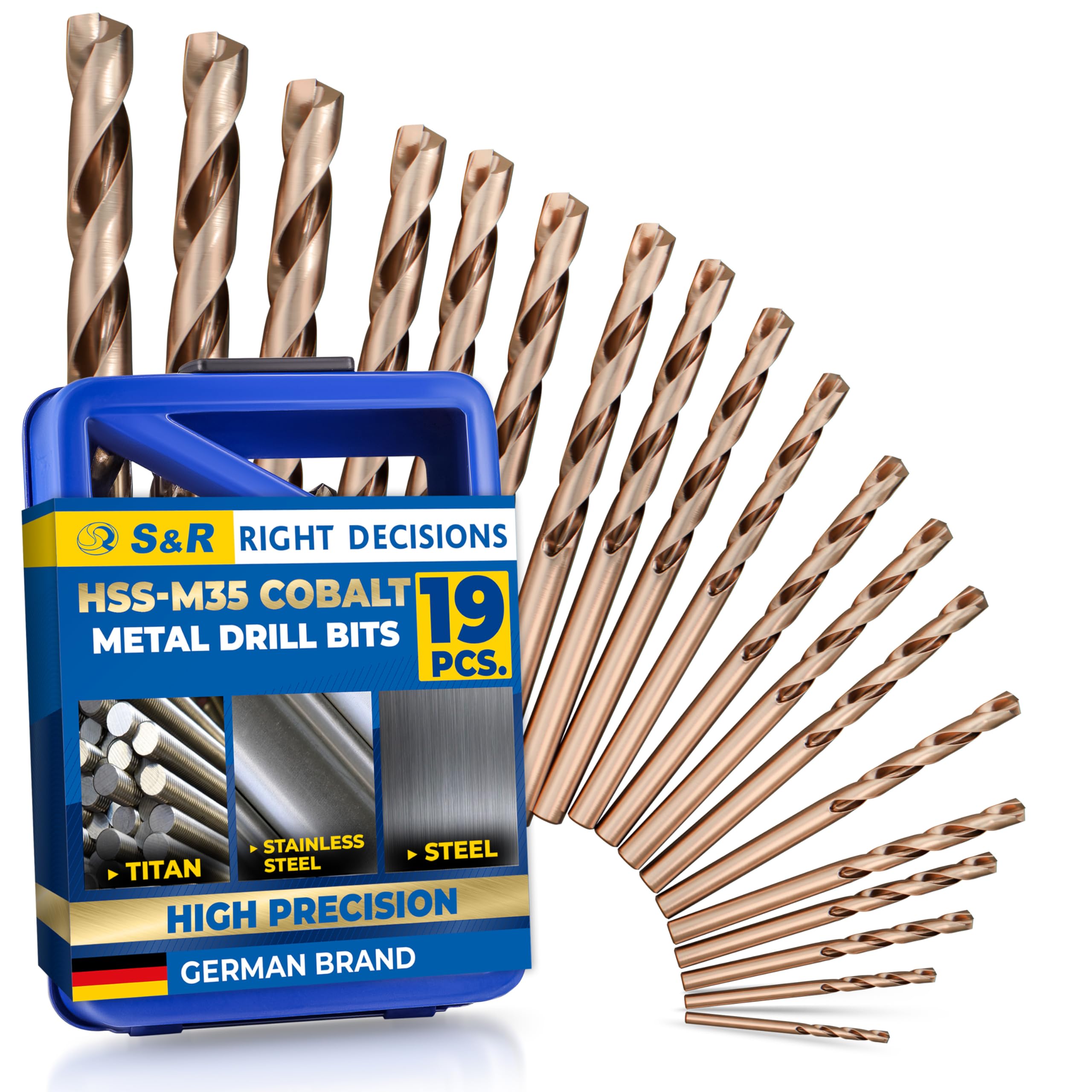 S&R Metal Drill Bit Set 1.0–10 mm, 19 pcs – HSS Cobalt DIN 338 – 135° C-Cut – Precision Polished – in Metal Storage Box – Professional Quality