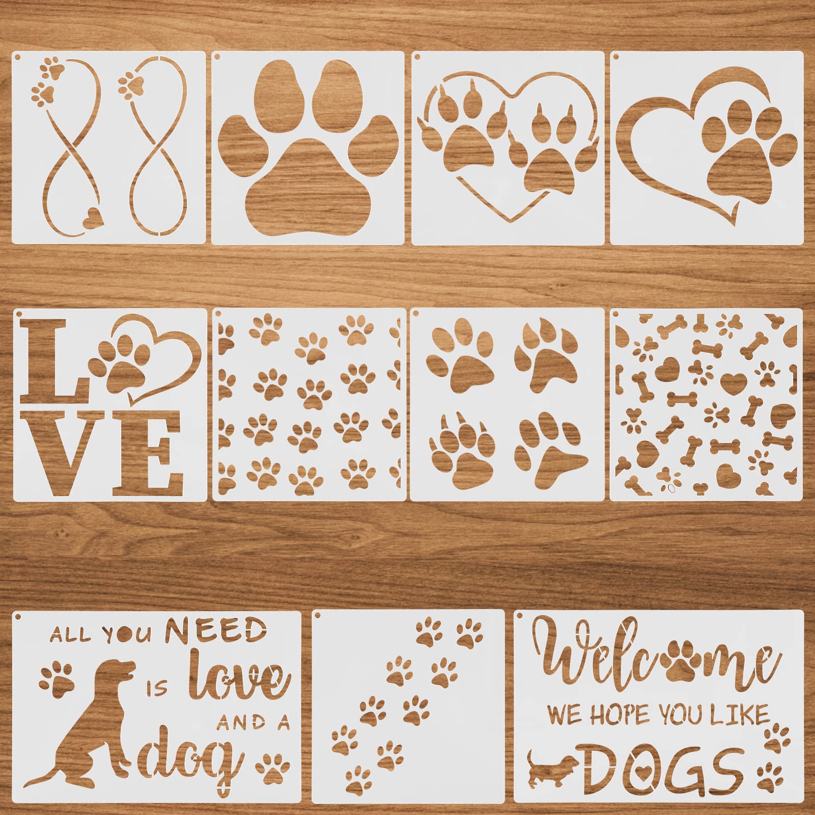 Prasacco 11pcs Paw Painting Stencils,Reusable Dog Paw Print Templates Plastic Assorted Size Dog Trail Stencils with Metal Open Ring for DIY Scrapbooks Painting on Wood Wall Home Decor Supplie