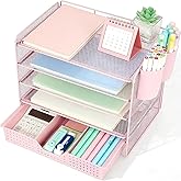 LEKETREE Desk Organizers and Accessories, 5-Tier Paper Letter Tray Organizer with Drawer & 2 Pen Holders, Desktop Organizer for Office Supplies (Pink)