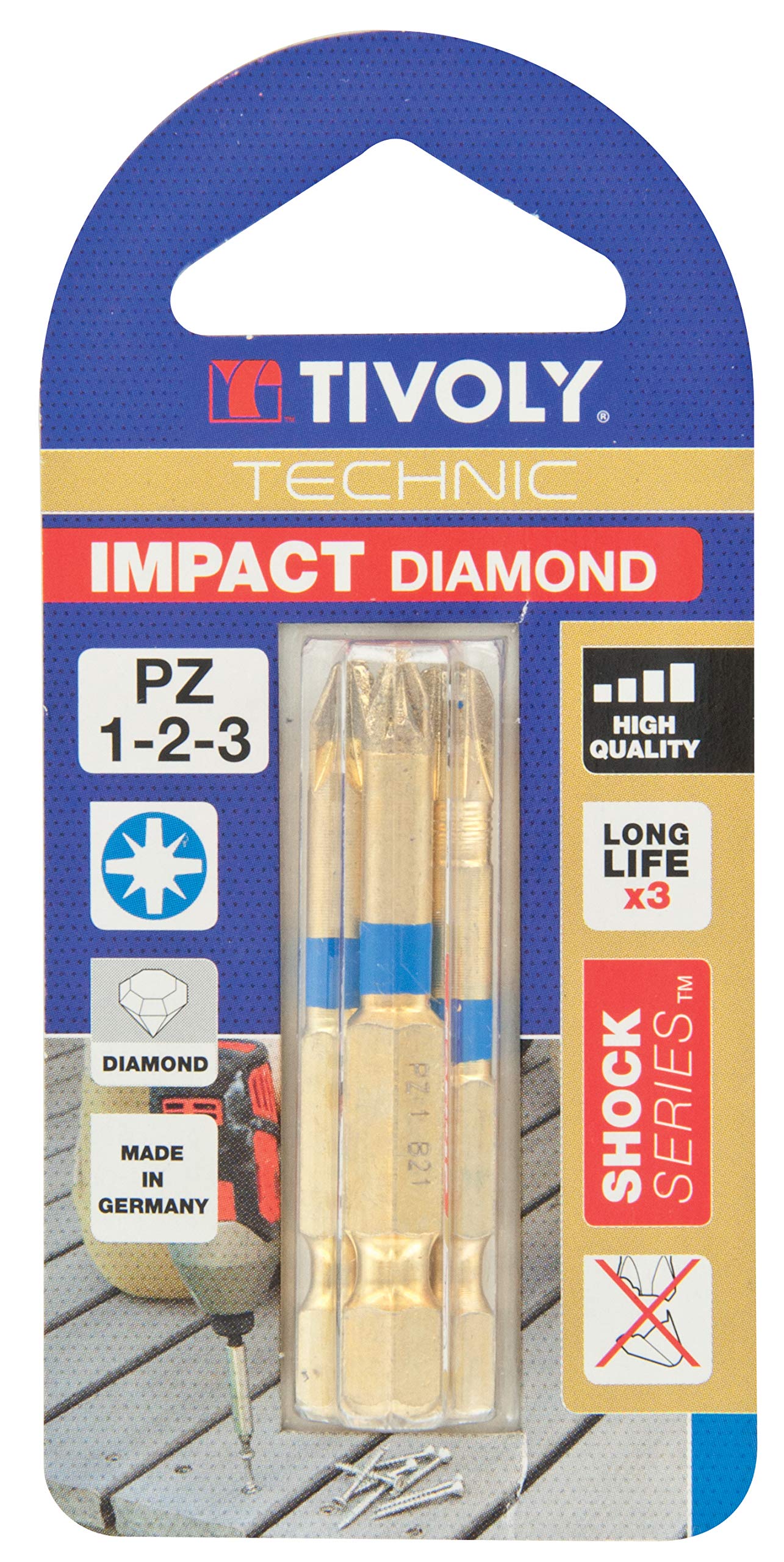 TIVOLY 11523720001 Set of 2 Diamond Impact Torsion Screw Bits for Pozidriv Screws Pz1-2-3 Screwdriver