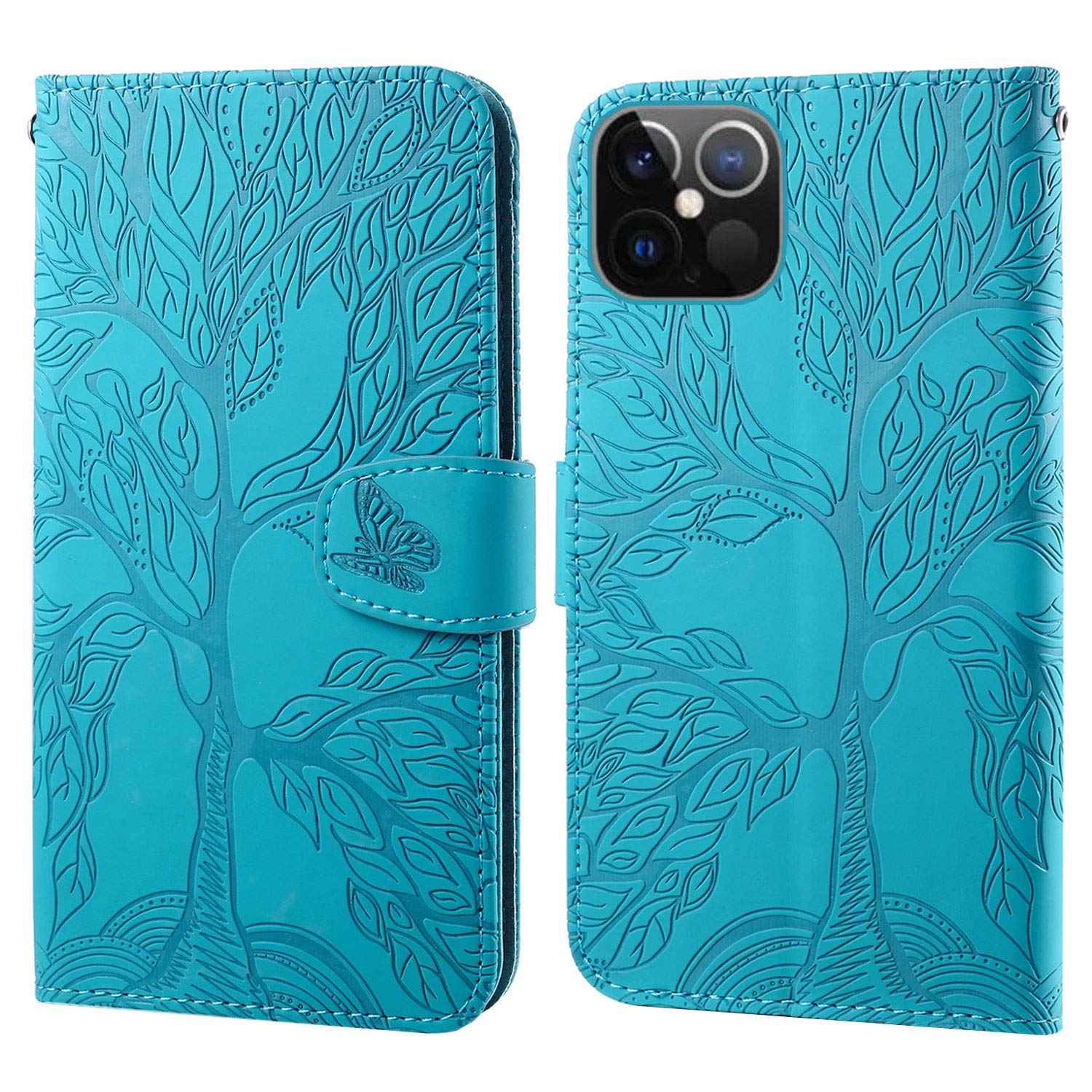 Aisenth for iPhone 12 Pro Max Flip Case, The Tree of Life Embossed PU Leather Wallet Phone Folio Case Magnetic Protective Cover with Stand function, Card Slots with Wrist Strap (Blue Green) — image 1