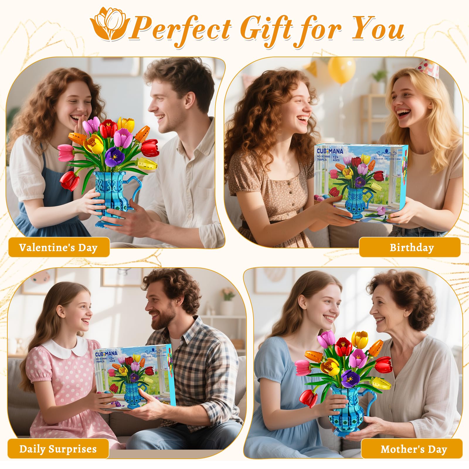 CUBIMANA Blumenstrauß Bausatz mit Vase, 768 Teile Tulpen Blumen Set für Erwachsene, Künstliche Botanicals Bonsai Bausteine für Home Deko, Valentinstag Geburtstag Geschenk für Frauen Mutter Mädchen 12+ 6