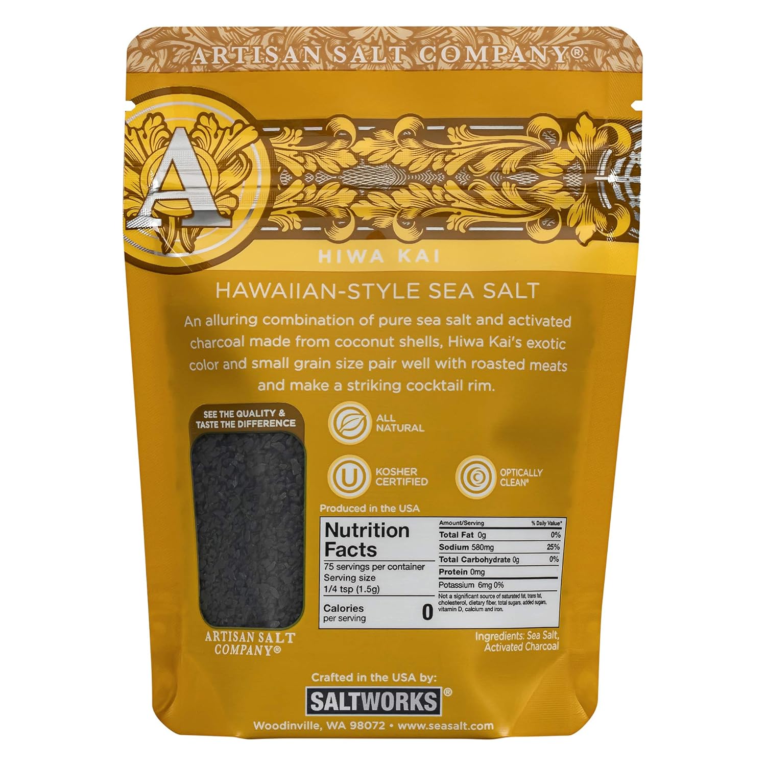 SaltWorks Hiwa Kai Black Hawaiian-style Sea Salt, Small Grain, Artisan Zip-Top Pouch, 4 Ounce : Grocery & Gourmet Food