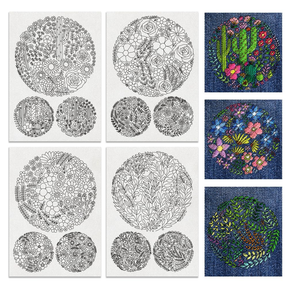 BENECREAT 4 Sheets 12 Pcs Flower Water Soluble Embroidery Pattern, Stick and Stitch Embroidery Paper Designs, Embroidery Starter Kit for Beginners DIY Craft, Sewing Embroidery