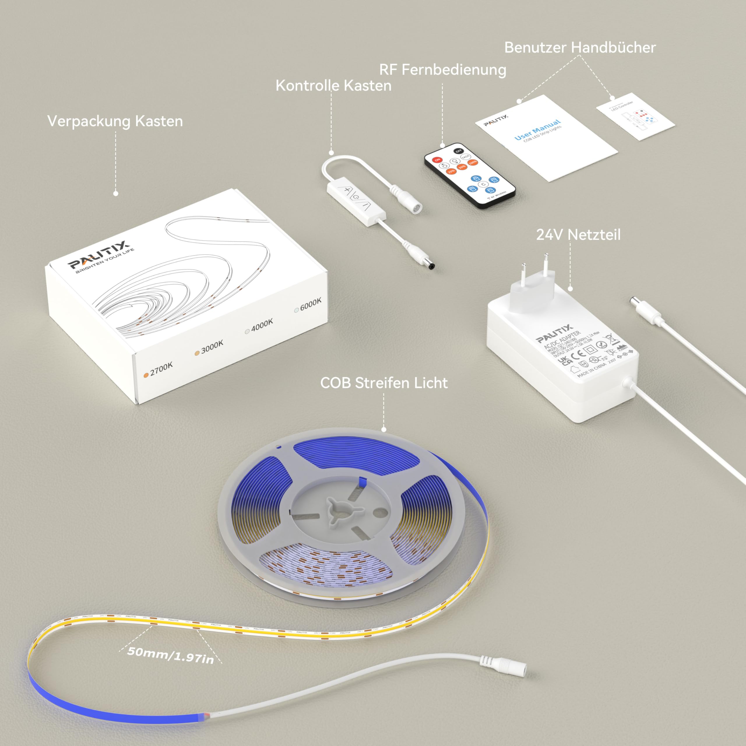PAUTIX COB LED Streifen 2700K Warmweiss 5M,480LEDs/M Dimmbar 24V Weiß LED Streifen Licht Set mit RF Fernbedienung und Netzteil,CRI93+ Hell Unterbauleuchte für Home DIY Dekoration Timerfunktion. 8