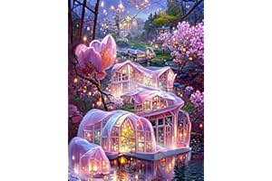 GemZono DIY 5D Diamond Painting Kits for Adults Pink Flower House Full Round Drill Diamond Art Kits for Beginnners DIY Dimond Art for Home Wall Decor 12x16 Inch