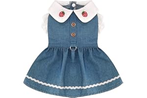 XGDMEIL Denim Dog Dress for Small Dogs Cats Cute Girl Dog Clothes Cute Strawberry Female Pet Dresses Spring Summer Pet Outfits for Chihuahua Yorkie Shih Tzu(Dark Blue,Large)