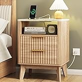 Fixwal Fluted Nightstand with Charging Station, Large Side Table with 2 Wood Drawers for Bedroom, Mid Century Modern Bedside Table, Faux Marble Top, Natural Oak, 17.7 x 13.7 x 23.6in