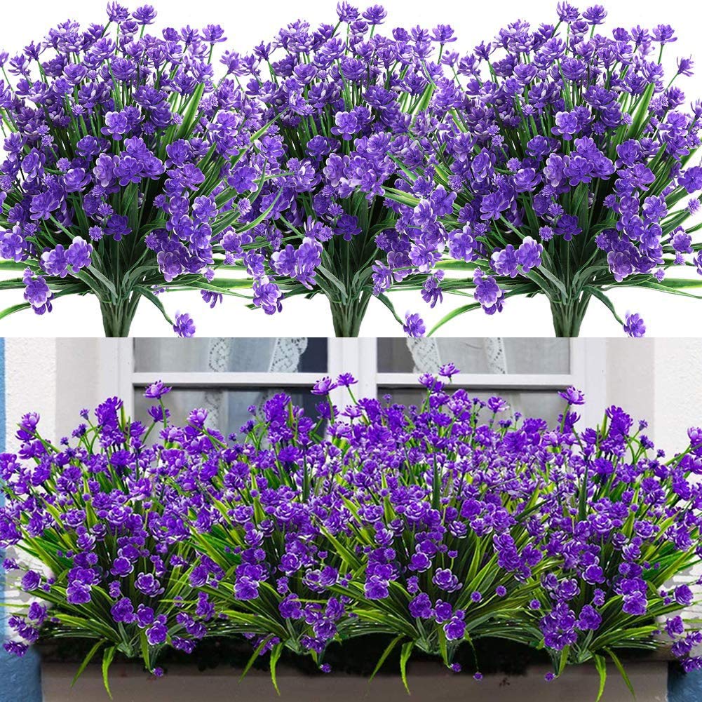 Artificial Flowers,Leixi 6pcs Fake Outdoor UV Resistant Plants Faux Plastic Greenery Shrubs Indoor Outside Hanging Planter Home Kitchen Office Wedding Garden Decor (Purple)