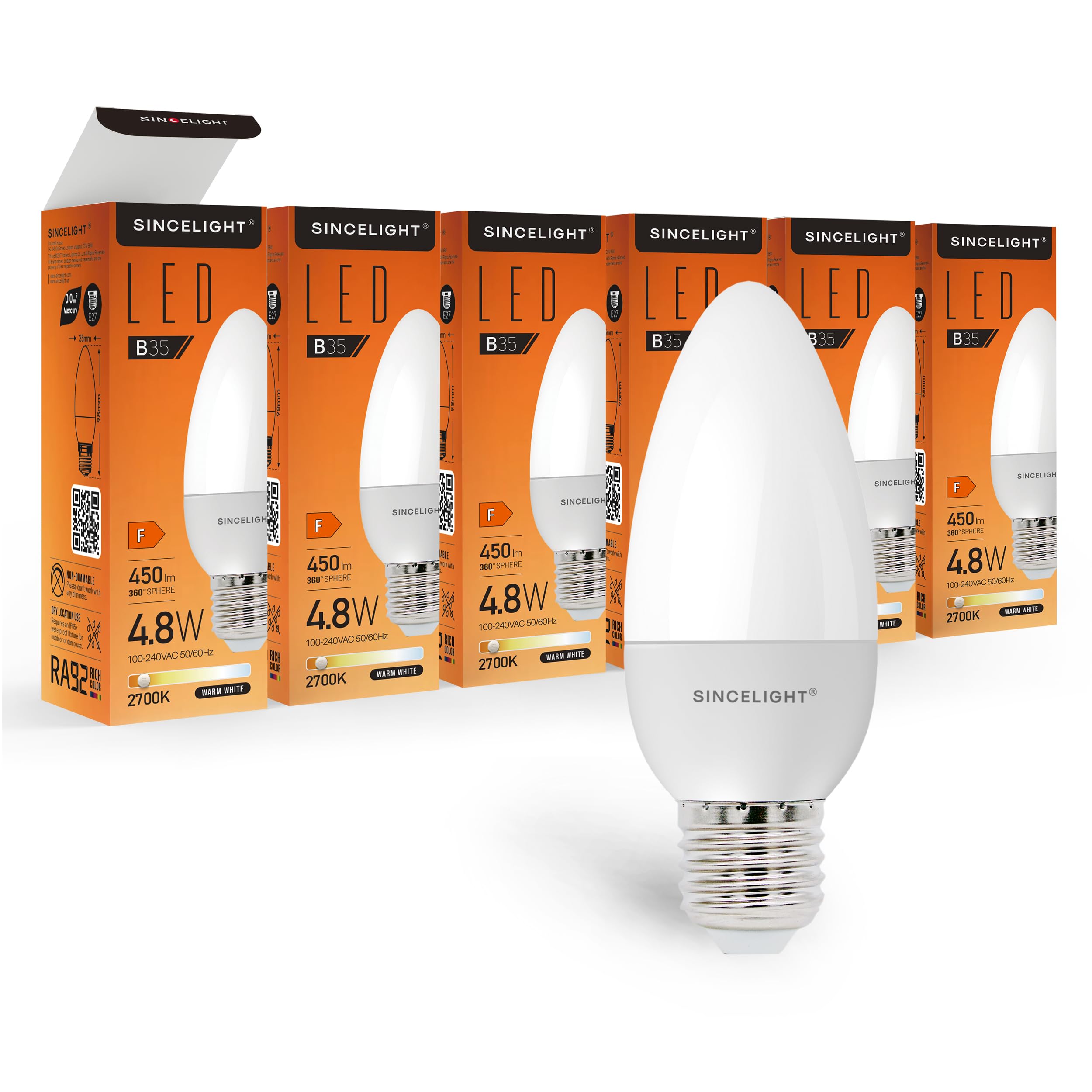 E27 LED Candle Light Bulb, B35 Shape with Milky Diffuser, 5 Watt, Warm White 2700K & RA≈92 High Color Rending, 450 Lumens≈50W Equivalent, Non-Dimmable, ES Edison Screw, Pack of 6