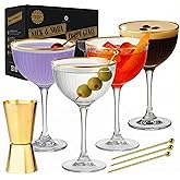 VEMACITY - Ribbed Nick and Nora Cocktail Glasses with Gold Rims (5.4oz) | Nick & Nora Glasses Set of 4, Jigger & 4 Picks - Vintage Glassware | Gimlet Cocktail Glasses | Ideal for Gifting