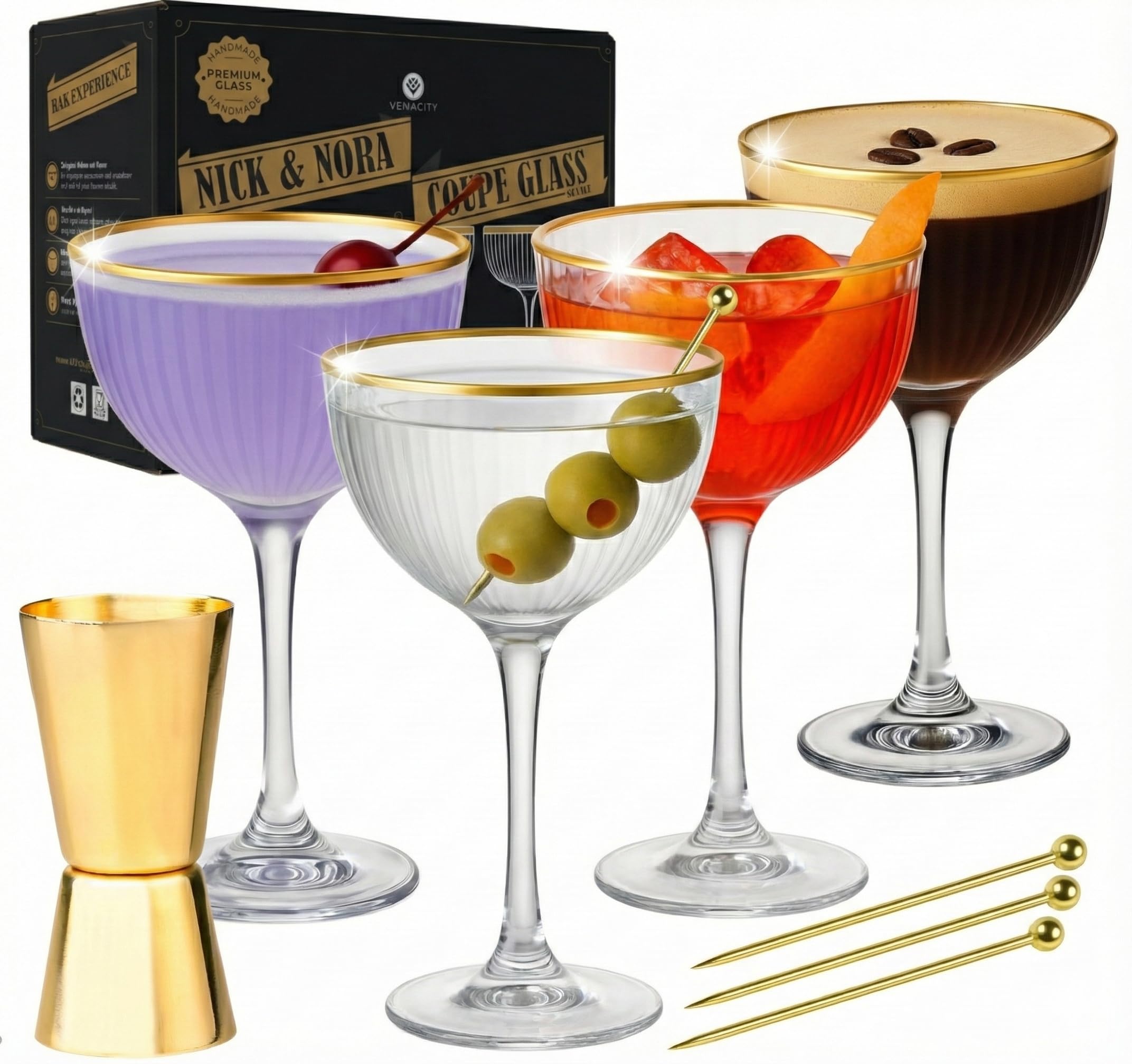 VEMACITY - Ribbed Nick and Nora Cocktail Glasses with Gold Rims (5.4oz) | Nick & Nora Glasses Set of 4, Jigger & 4 Picks - Vintage Glassware | Gimlet Cocktail Glasses | Ideal for Gifting Image