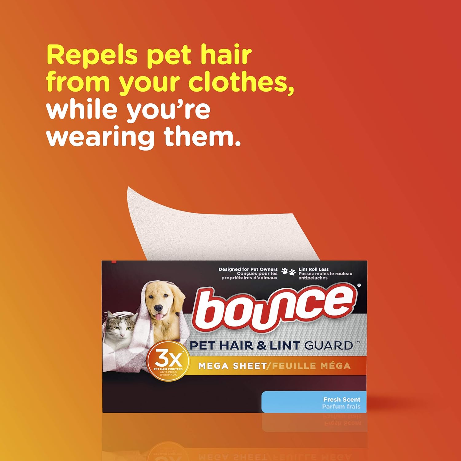 Bounce Pet Hair and Lint Guard Mega Dryer Sheets for Laundry, Fabric Softener with 3X Pet Hair Fighters, Fresh Scent, 120 Count, White: Health & Personal Care