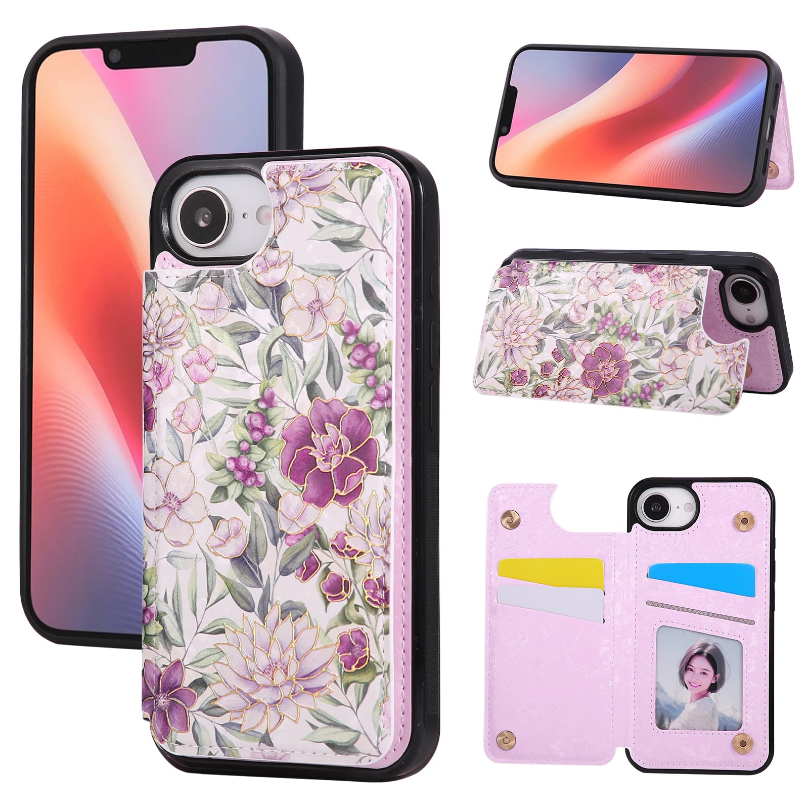 UEEBAI Wallet Case for iPhone 17e/iPhone 16e with Card Holders, PU Leather Cover Kickstand RFID Blocking Double Magnetic Clasp Rilievo Flower Shockproof Flip Case for Women Girls - Violet