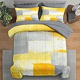 Pamnest Comforter Set Queen Size, Grey Yellow Painting Gray 7 Pcs Bedding for Kids and Adults, Office Contemporary Abstract Bed Sheet Sets with Fitted Sheet 2 Pillowcase & 2 Sham for Bedroom Bed Decor