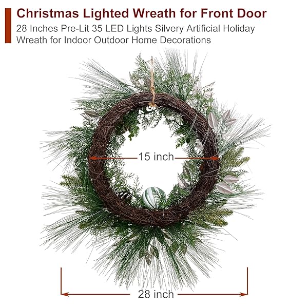 CHRISTMAS LIGHTED WREATH FOR FRONT DOOR, 28 INCHES PRE-LIT 35 LED LIGHTS SILVERY ARTIFICIAL HOLIDAY WREATH WITH SILVER ORNAMENTS FOR INDOOR OUTDOOR HOME DECORATIONS
