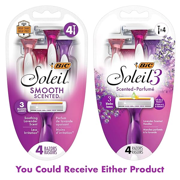 BIC SOLEIL SMOOTH SCENTED WOMEN’S DISPOSABLE WITH 3 BLADE RAZORS, LAVENDER SCENTED HANDLES AND LUBRICATING STRIP, 4-PACK