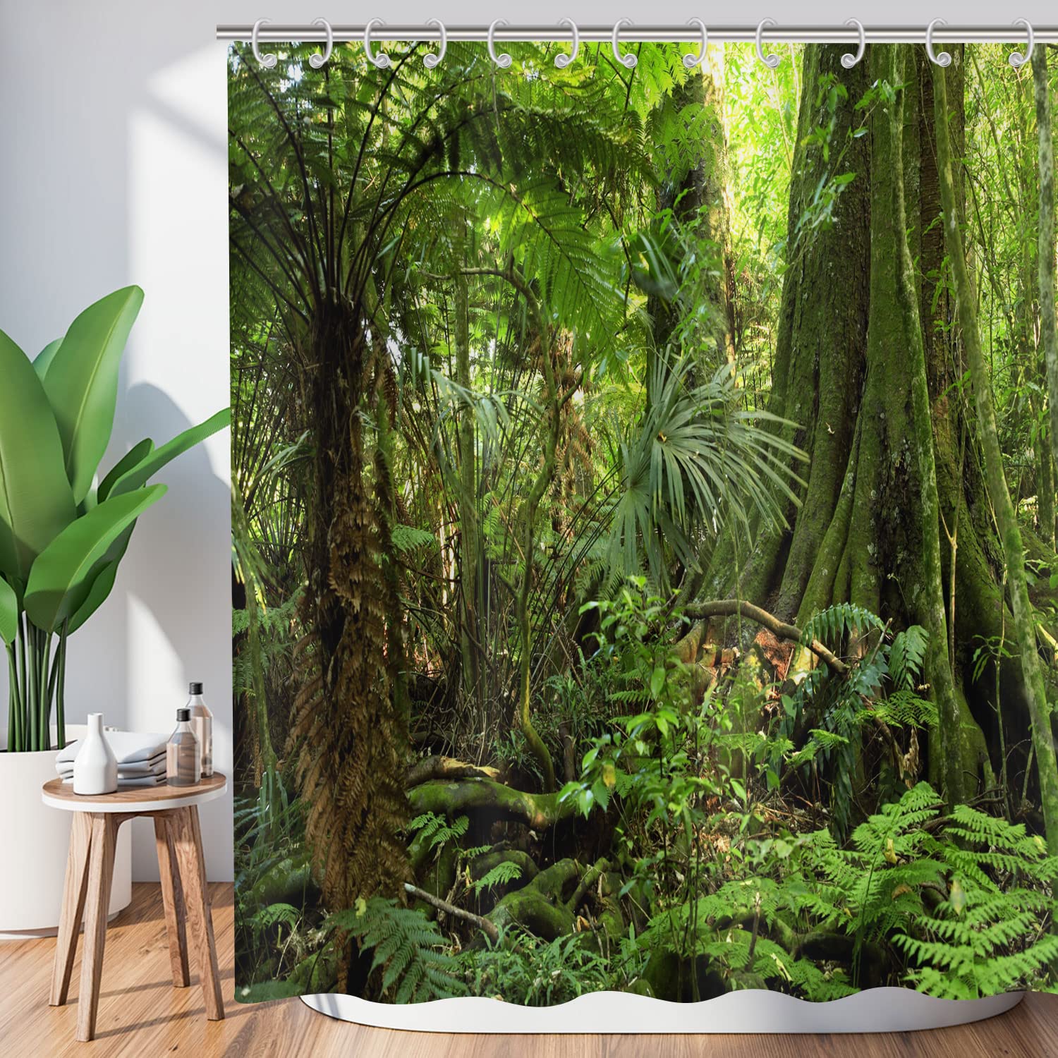 Forest Shower Curtain 180x180, Hnmdmyi Tropical Jungle Rainforest Green Tree Plant Nature Landscape Scenery Bathroom Curtains with Hooks Waterproof Polyester Fabric Washable Bath Curtains for Wet Room