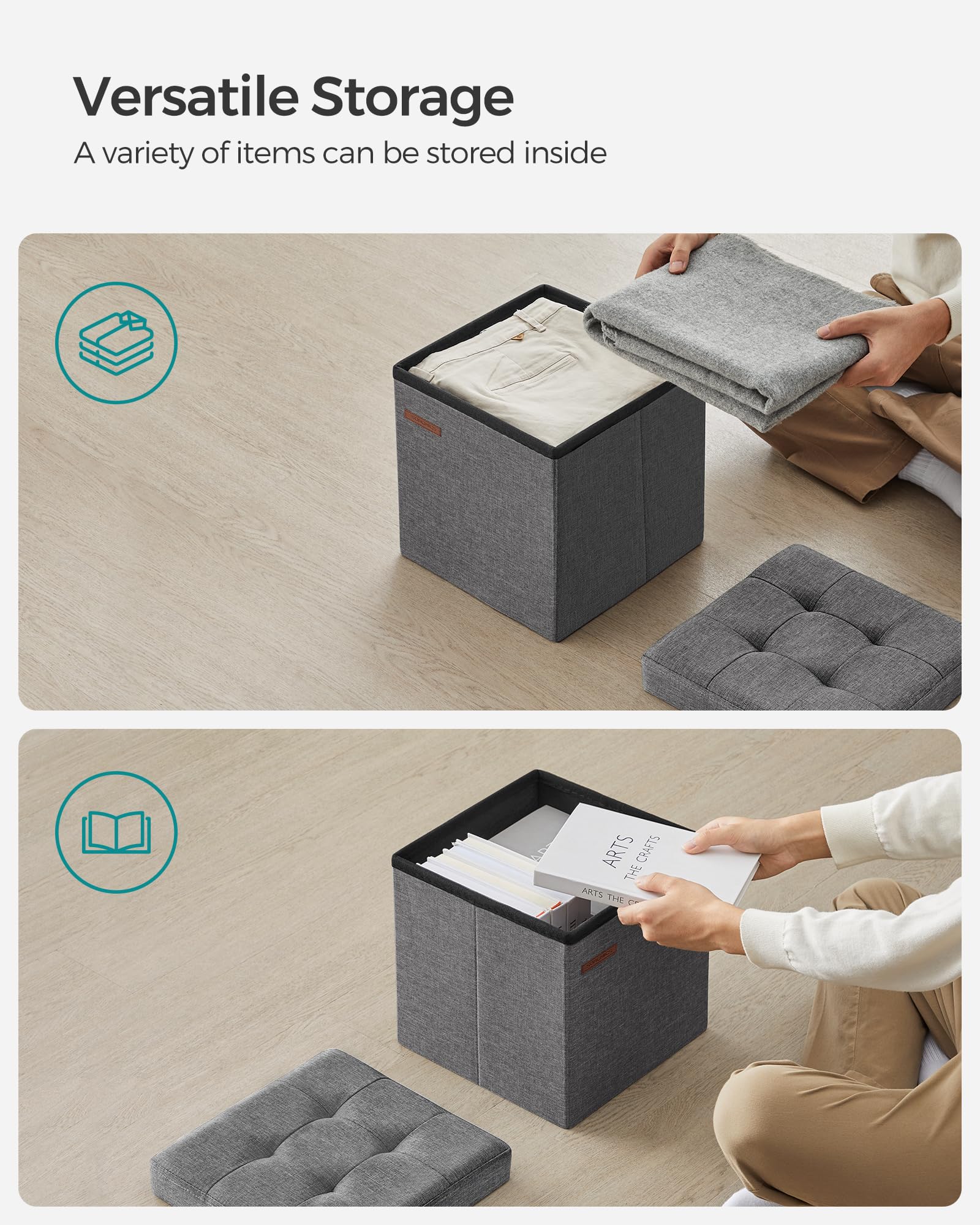 SONGMICS 11.8 Inches Small Folding Storage Ottoman Cube, Storage Footrest, Foot Rest Stool, for Living Room, Bedroom, Dorm, Dark Gray ULSF028G01 - Image 4