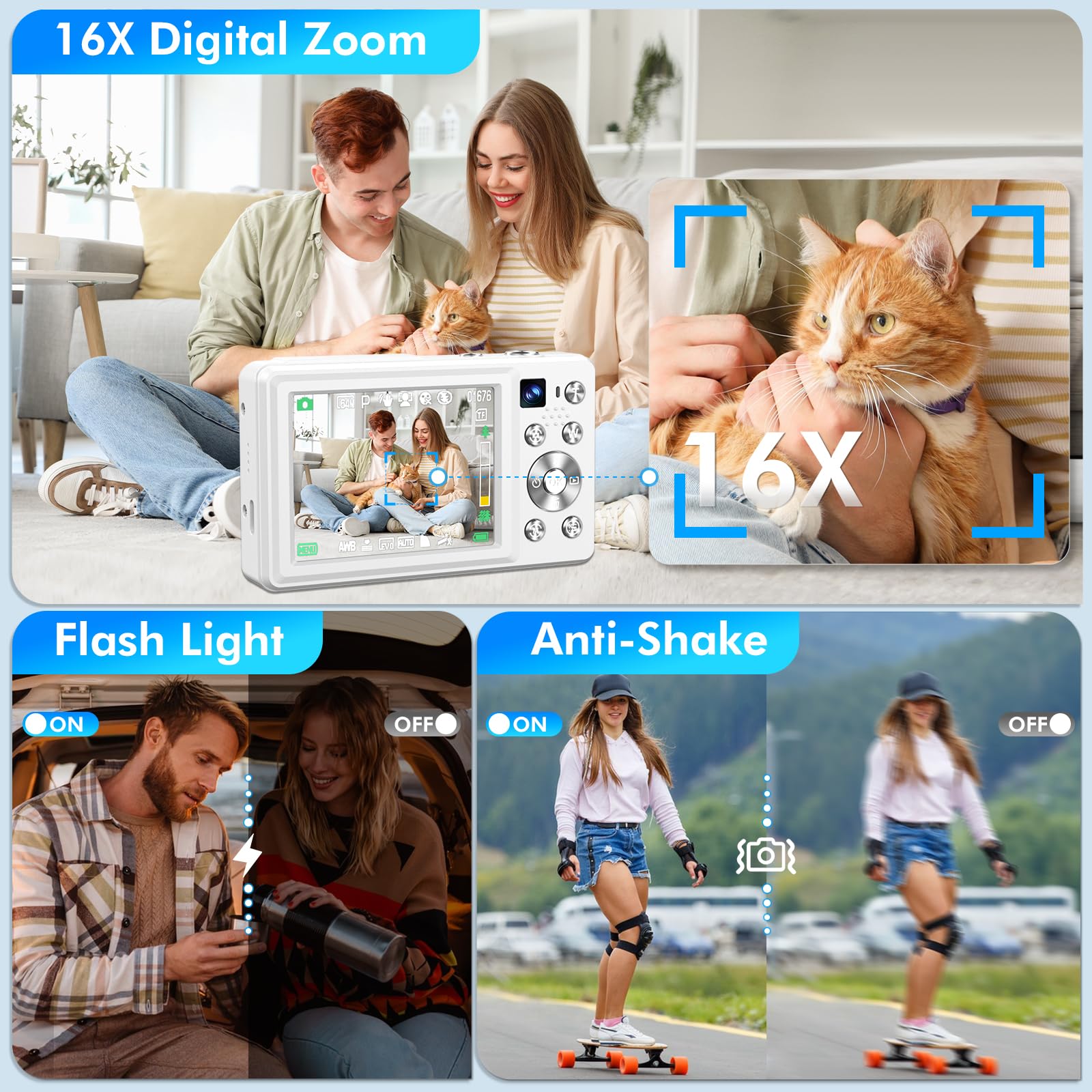 4K Digital Camera, 64MP Autofocus Vlogging Camera with Dual Lens, 16X Digital Zoom YouTube Compact Travel Point Shoot Camera for Teens Beginner, Anti-Shake,2 Batteries, 32GB Card (White)