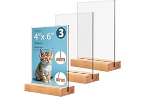 YEEON 4x6 Inch 3 Pack Acrylic Sign Holder with Wooden Base, Desktop Display Stand (4x6 3Pack)