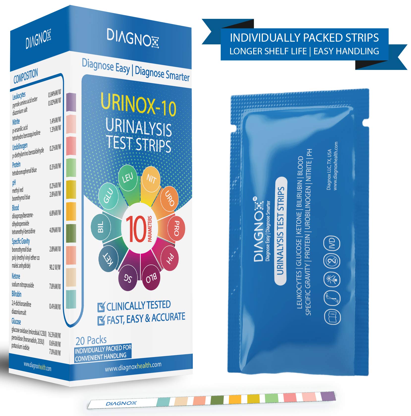 10 Parameter Urinalysis Test Strips for UTI, Kidney & Liver Problems Measure Ketone, Protein