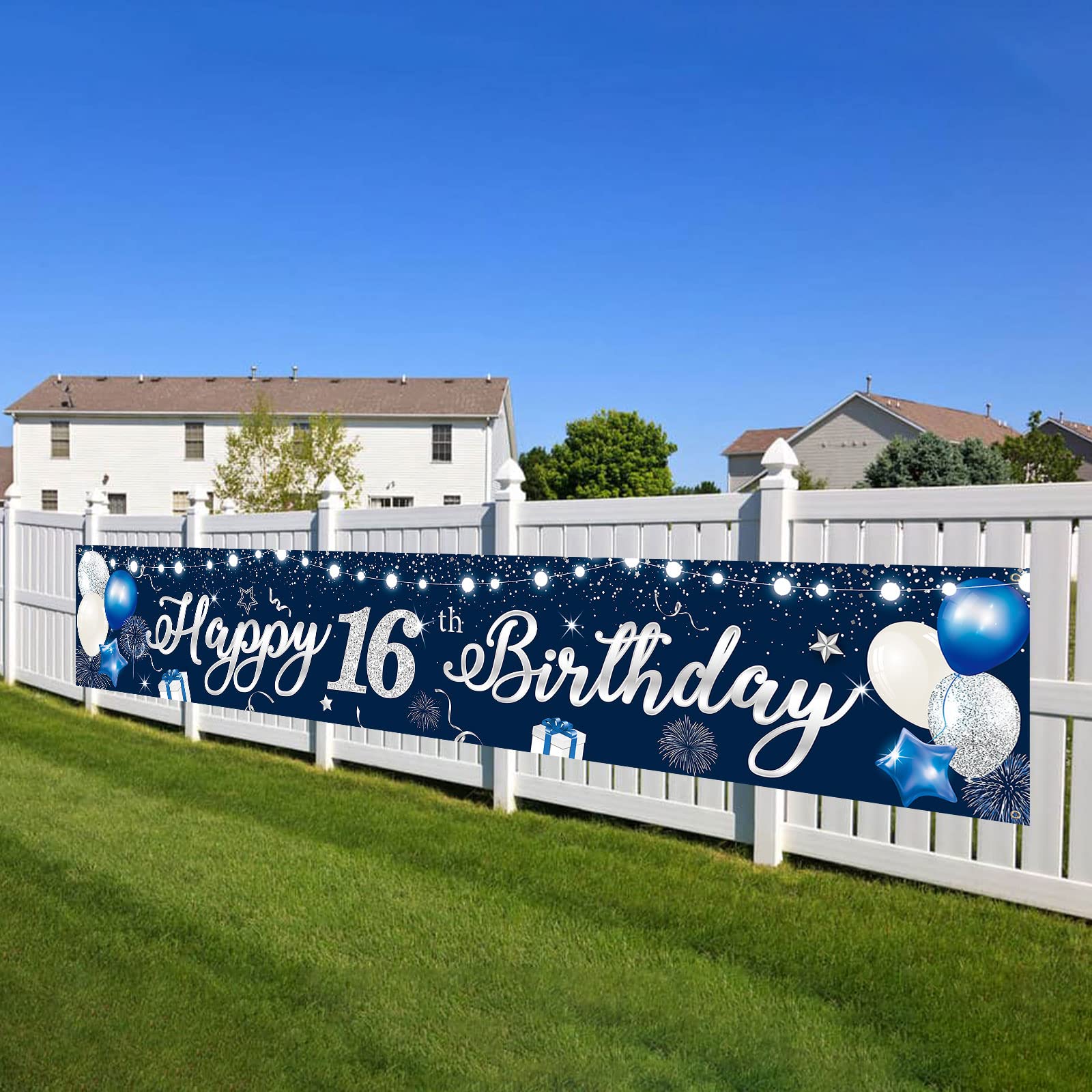 Happy Birthday Yard Banner, Blue Silver Happy 16th Birthday Banner Boys, 210 * 40cm Large Sixteen Years Old Party Yard Sign Banner, Sixteenth Anniversary Backdrop Background Decorations for Kids