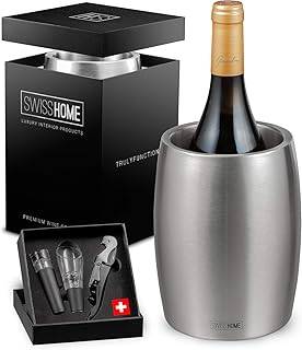 SWISSHOME - Weinkühler/Sektkühler mit Sommelier-Set (Belüfter, Vakuumverschluss & Flaschenöffner) aus Edelstahl in Premium Geschenkverpackung | Champagner-Flaschen bis 1.5L & Ø 10cm