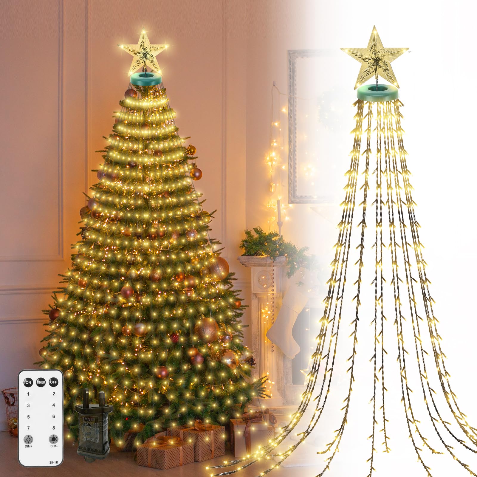 CORST Christmas Tree Lights with Star Topper,2.5M 400LED Outdoor Christmas Fairy Lights for Tree,Curtain Tree Lights with Remote Timer Waterproof for Xmas Indoor Decor(Warm White)