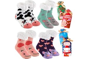 Foaincore 4 Pairs Kids Boy Girls Fuzzy Slipper Socks with Grippers Cozy Non Slip Winter Socks Cute Animal Kid Christmas Socks