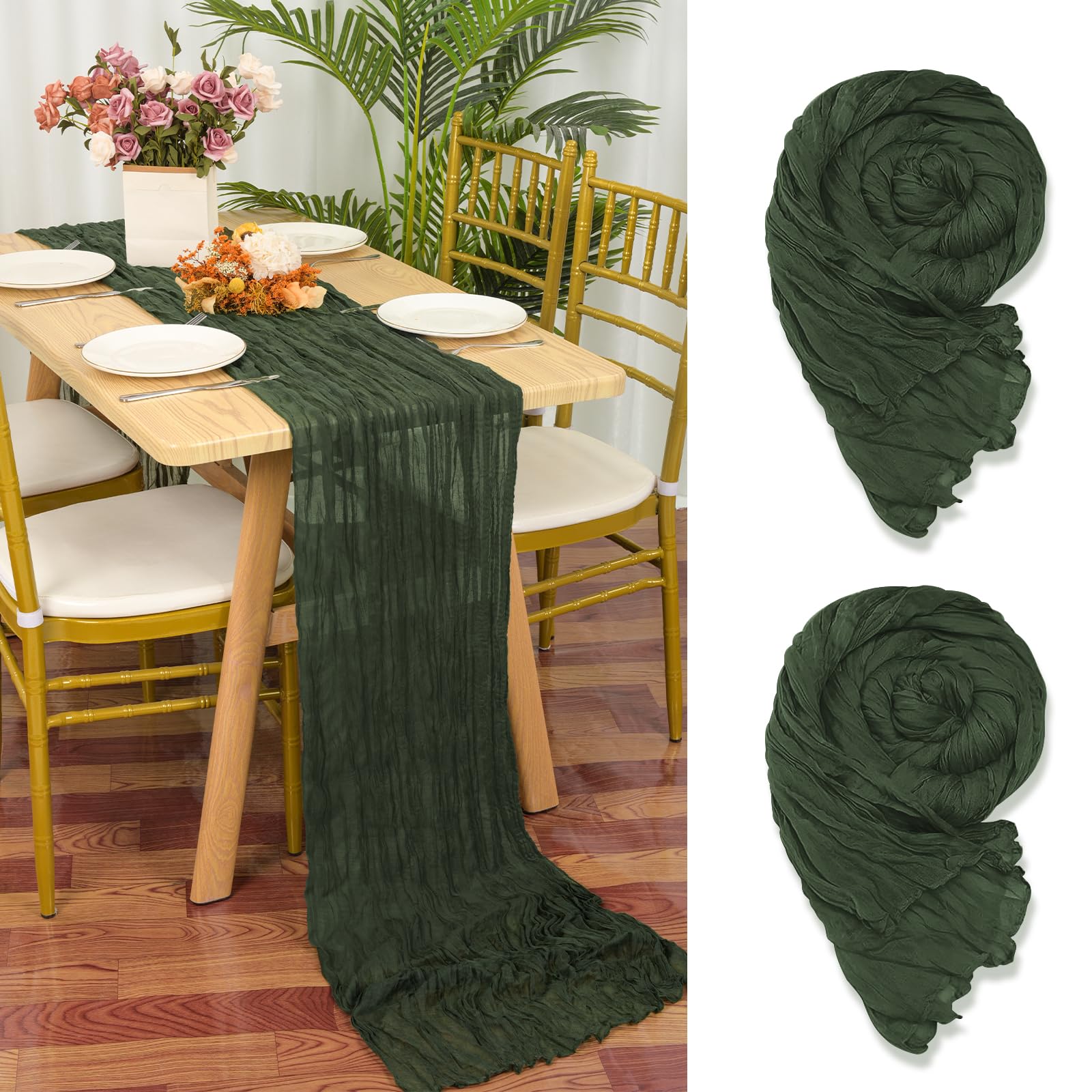 YMHPRIDE 2 Packs Cheesecloth Table Runner Hunter Green, 90x300cm Deep Green Rustic Gauze Fabric Boho Table Runner, Cheesecloth Wedding Table Decor for Wedding Party Bridal Shower Table Decorations