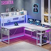 SEDETA White L Shaped Gaming Desk, Reversible Corner With Power Outlet and Pegboard, Hutch, Storage Shelf, Keyboard Tray, and LED Lights for Home Office