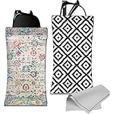 Deokke 2 PCS Glasses Case Eyeglass Sunglasses Pouch Portable Squeeze Soft Leather with Cleaning Cloth Cute Women Men Girls