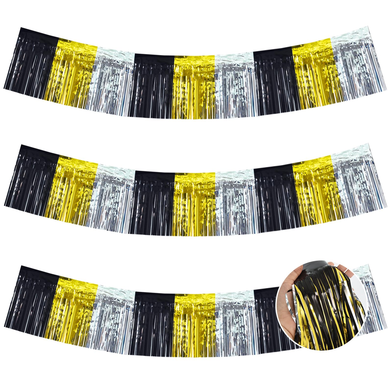 BEISHIDA 3 Packs Black Gold Silver Metallic Foil Fringe Garland Wall Hanging Tinsel Fringe Banners for Floats Bridal Shower Wedding Birthday Graduation Disco Holiday Party Decoration(30Feet)