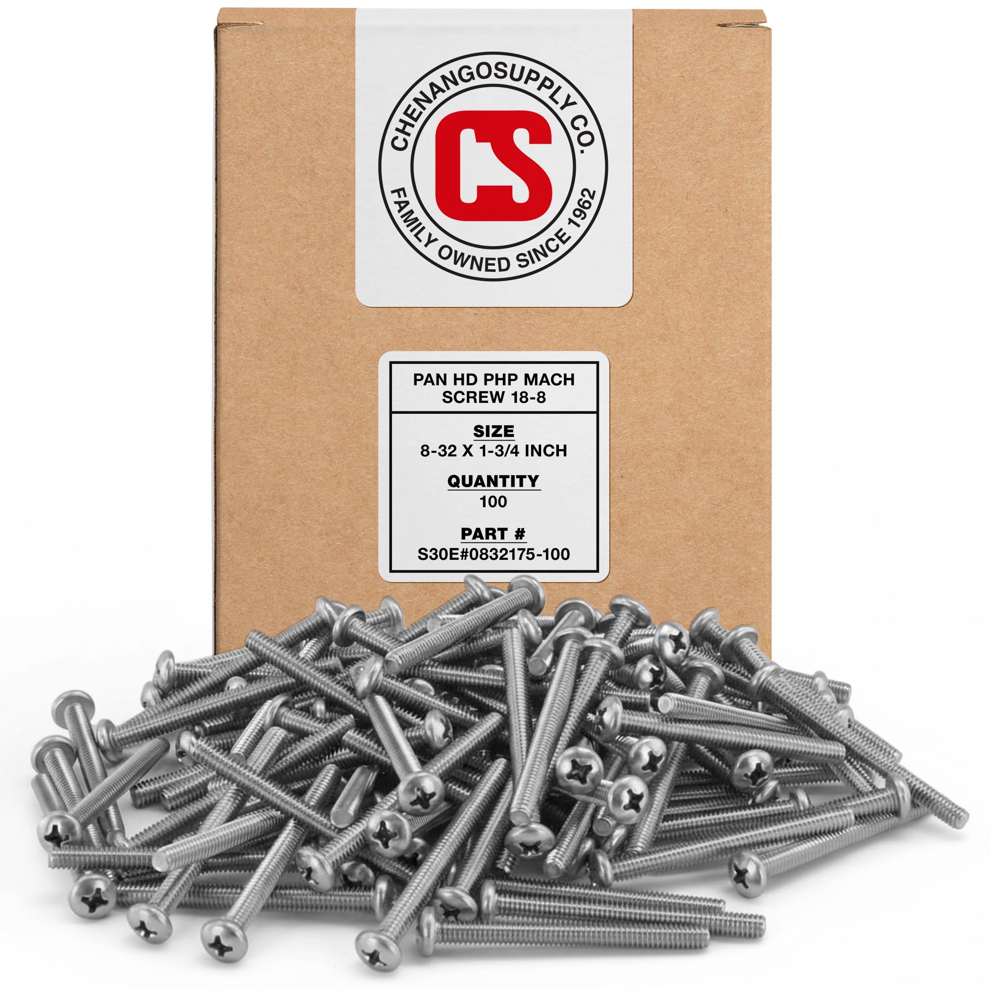Stainless 8-32 x 1-3/4" (3/8" to 3" Lengths Available) Pan Head Machine Screws, Full Thread, Phillips Drive, Stainless Steel 18-8, Machine Thread (100 pcs, 8-32 x 1-3/4)
