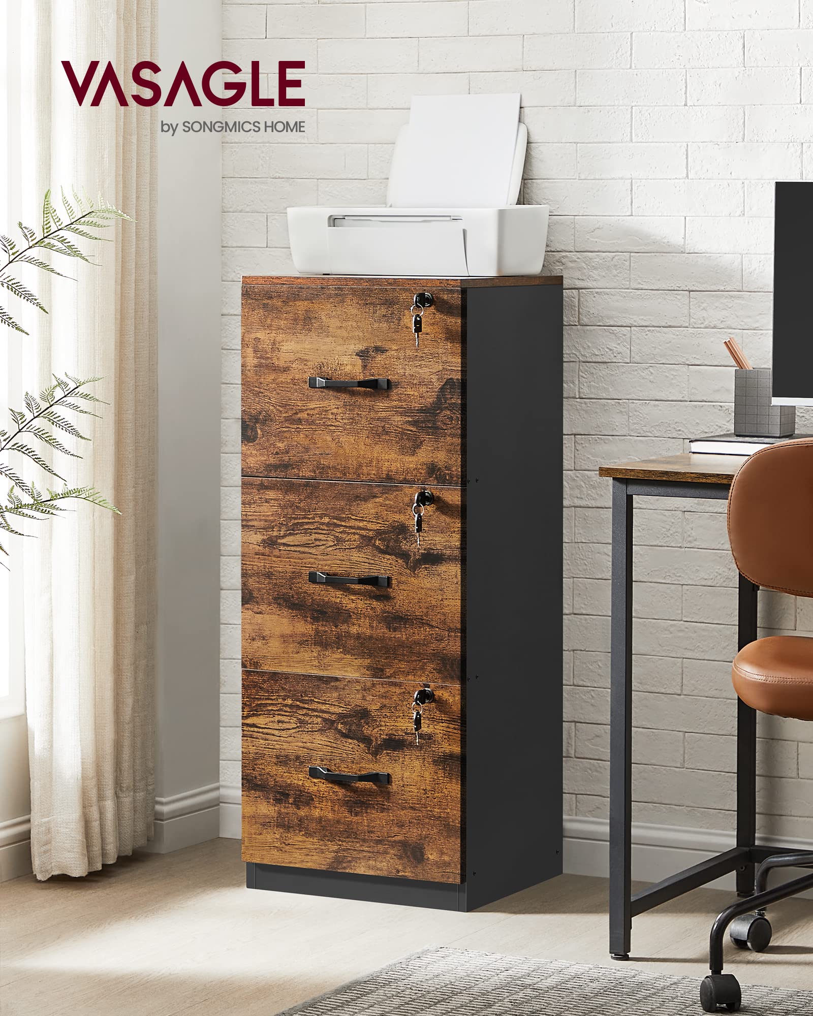 VASAGLE 3-Drawer Vertical File Cabinet, Rustic Brown and Black, for Home Office and Bedroom, A4 and Letter-Size Files, Lockable Drawers, Adjustable Hanging Rail, Printer Stand
