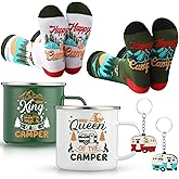 Patelai 6 Pcs Camping Gift Set RV Gifts for Couple Includes 17 oz Stainless Steel Wine Tumblers Unisex Crew Socks Keychains Outdoor Gifts for Women Men Picnics Hiking RV(Stylish)