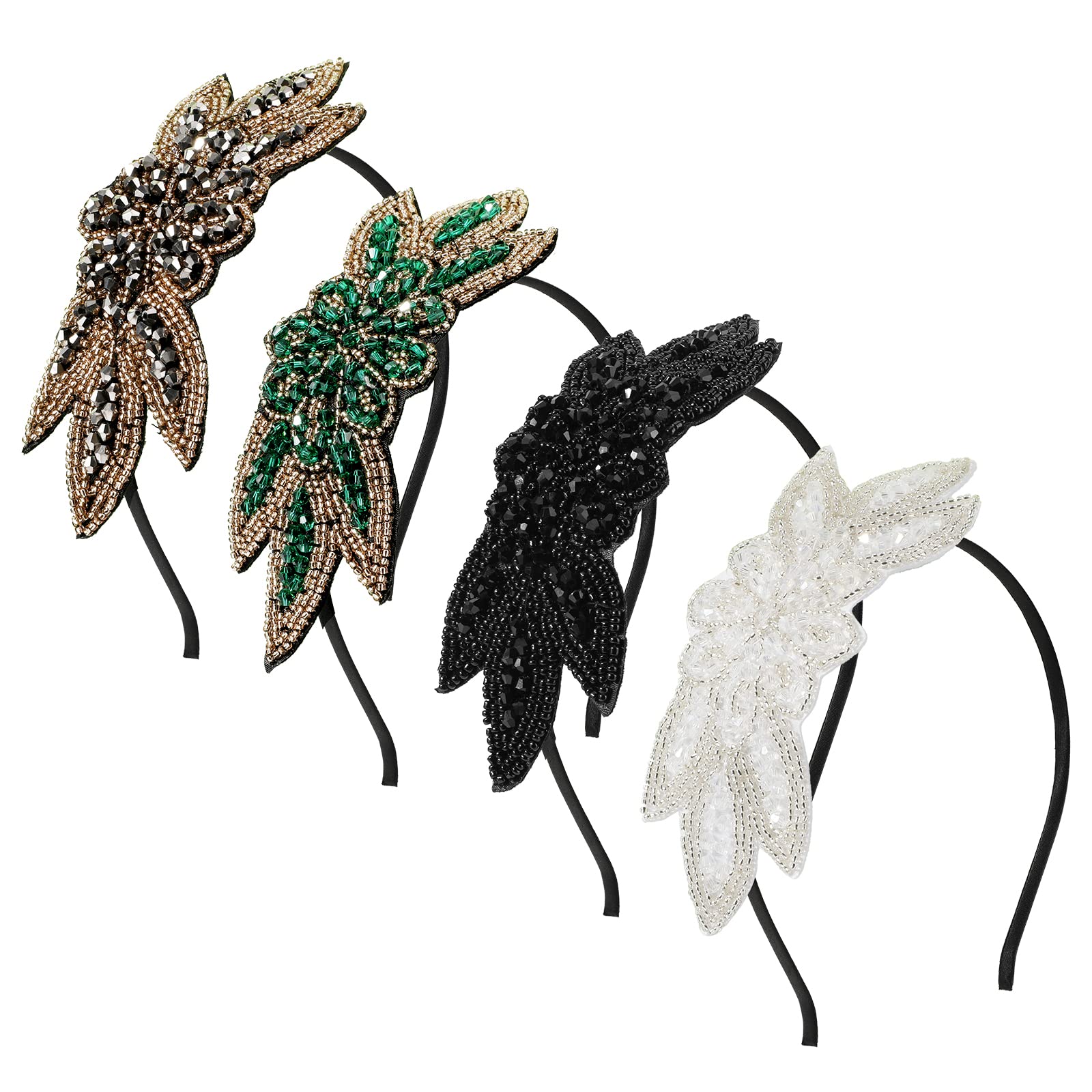 MWOOT 1920s Women's Headband, Pack of 4 Headbands for 20s Party Costumes, Vintage Hair Band, Vintage Flapper Hair Accessories for 1920s Theme, Black, White, Silver, Green