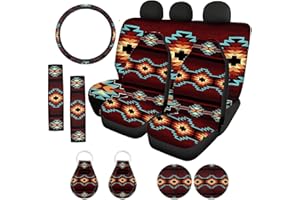 ZFRXIGN Aztec Tribal Car Seat Cover Full Sets for Women Native American Stripe Print with Stretchy Steering Wheel Cover + Seat Belt Strap Cover+ Cup Holder Coasters+ Auto Keychains, Easy to Clean