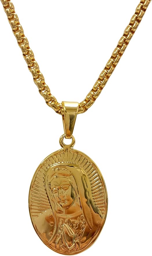 18k Gold Plated Virgin Mary Design Oval Pendant Stainless Steel Necklace