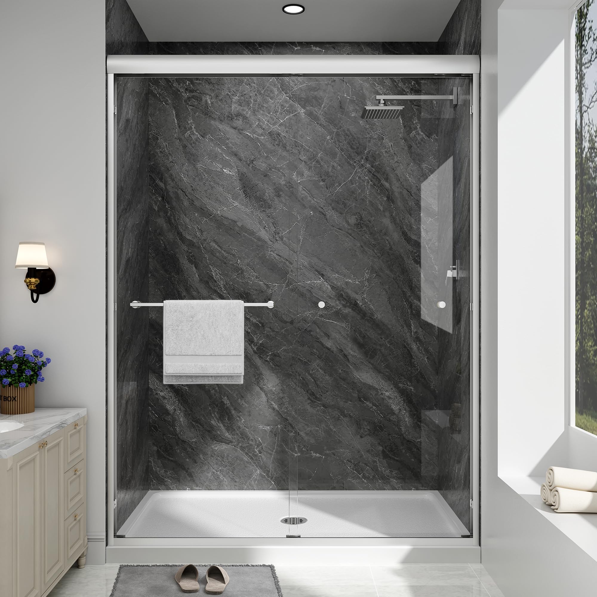 Photo 1 of EASYWORC Double Sliding Shower Door, 55"-60" W x 70" H Semi-Frameless Glass Shower Door, 1/4'' (6mm) Clear SGCC Tempered Glass with Explosion-Proof Film and Nano Coating, Brushed Nickel