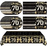 41Pcs 70th Birthday Decorations for Men Women, Black Gold 70 Year Old Birthday Party Supplies Include 20 Plates 20 Napkins and 1 Tablecloth, Black Gold 70 Aged Birth Party Tableware