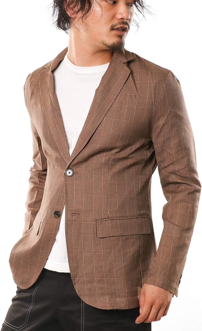 Amazon ナイラス Nylaus テーラードジャケット メンズ チェック柄 細身 スリム グレンチェック タータンチェック ベージュ ブラウン 秋 冬 カジュアルジャケット ジャケット 韓国系ファッション K Pop コート ジャケット 通販