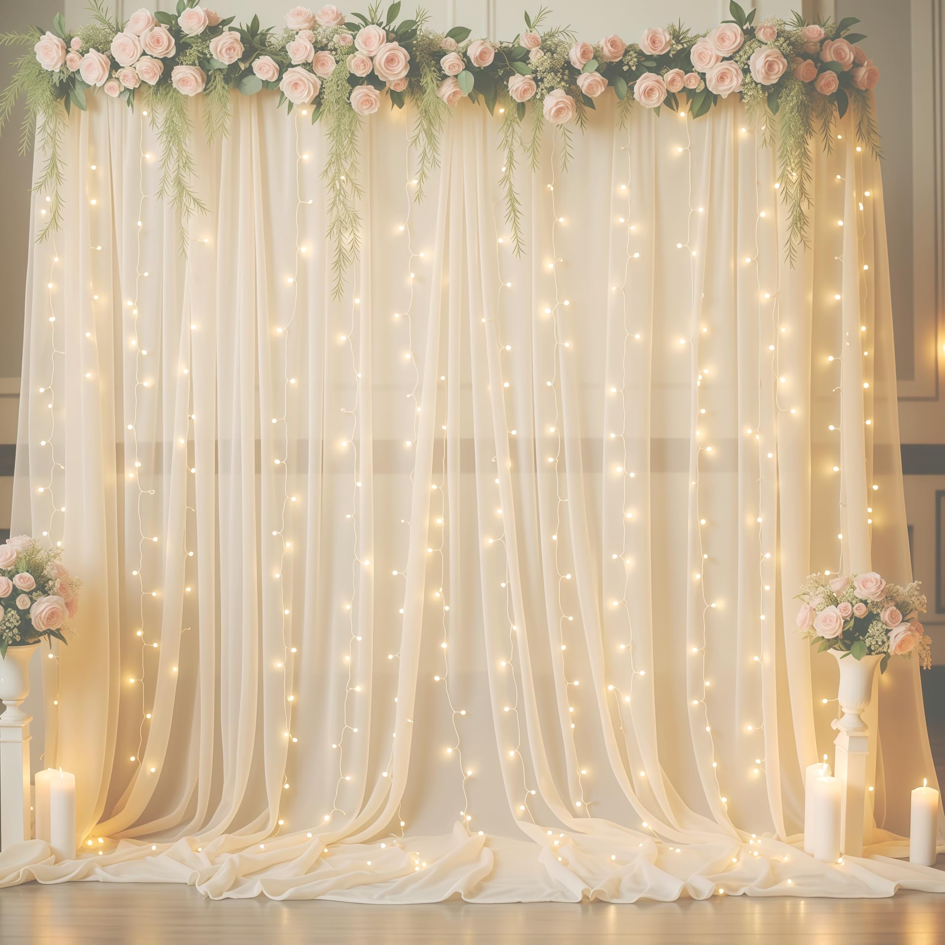 Photo 1 of 10ft x 10ft Champagne Chiffon Backdrop Curtain with Lights String for Parties,2 Panels Sheer Chiffon Curtain Wedding Backdrop with Lights for Baby Shower Birthday Ceremony Reception Home Decorations